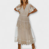 Helena - Midi Lacey Obleka z V-izrezom