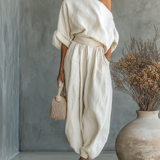 Lanena komplet s Off-Shoulder hlačama