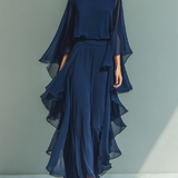 Chiffon Set z Volančki v Mornarsko Modri Barvi