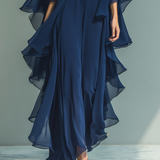Chiffon Set z Volančki v Mornarsko Modri Barvi