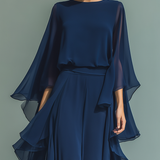 Chiffon Set z Volančki v Mornarsko Modri Barvi