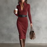 V-izrezana Midi Pletena Obleka v Slim Fit Slogu