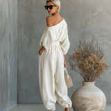 Lanena komplet s Off-Shoulder hlačama