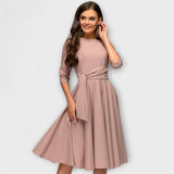 Ana - Elegantna Midi Oblačila s Pasom na Zavezovanje