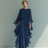Chiffon Set z Volančki v Mornarsko Modri Barvi
