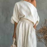 Lanena komplet s Off-Shoulder hlačama