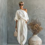 Lanena komplet s Off-Shoulder hlačama